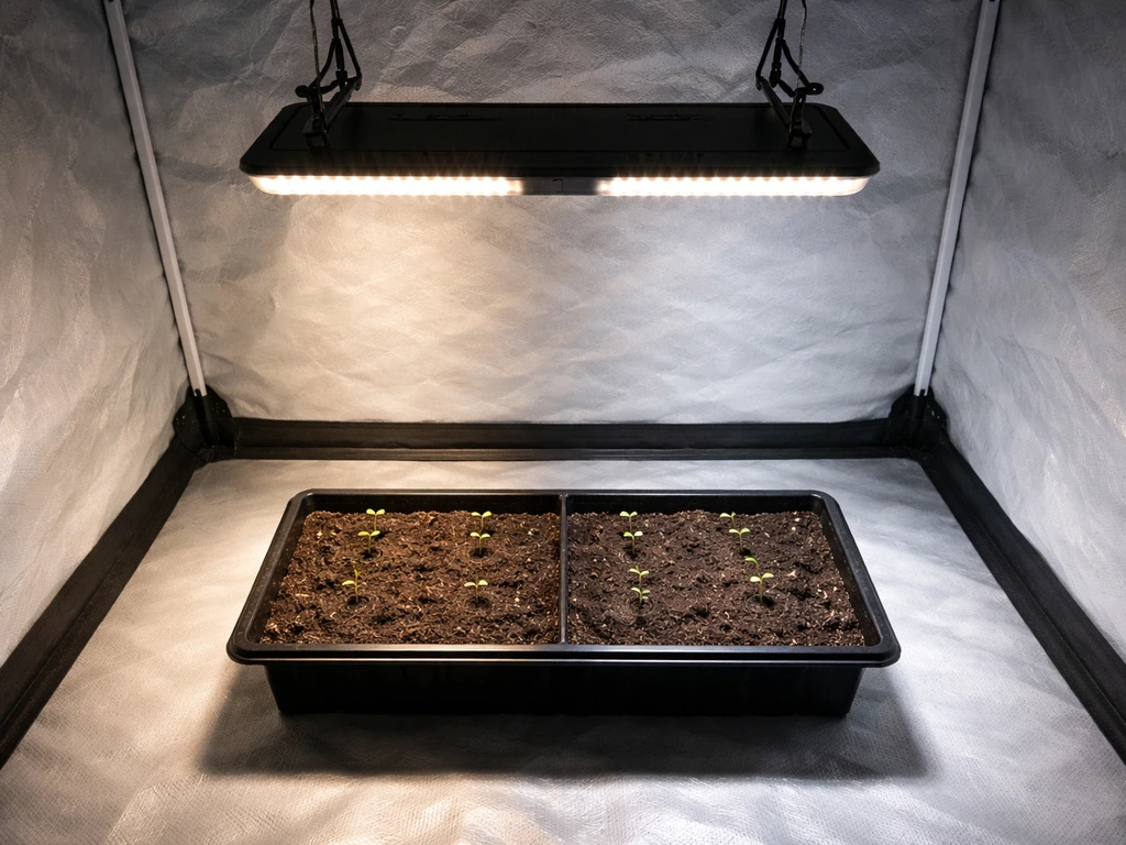Top-down view of an LED grow light casting uneven and more even illumination across plants on a tray