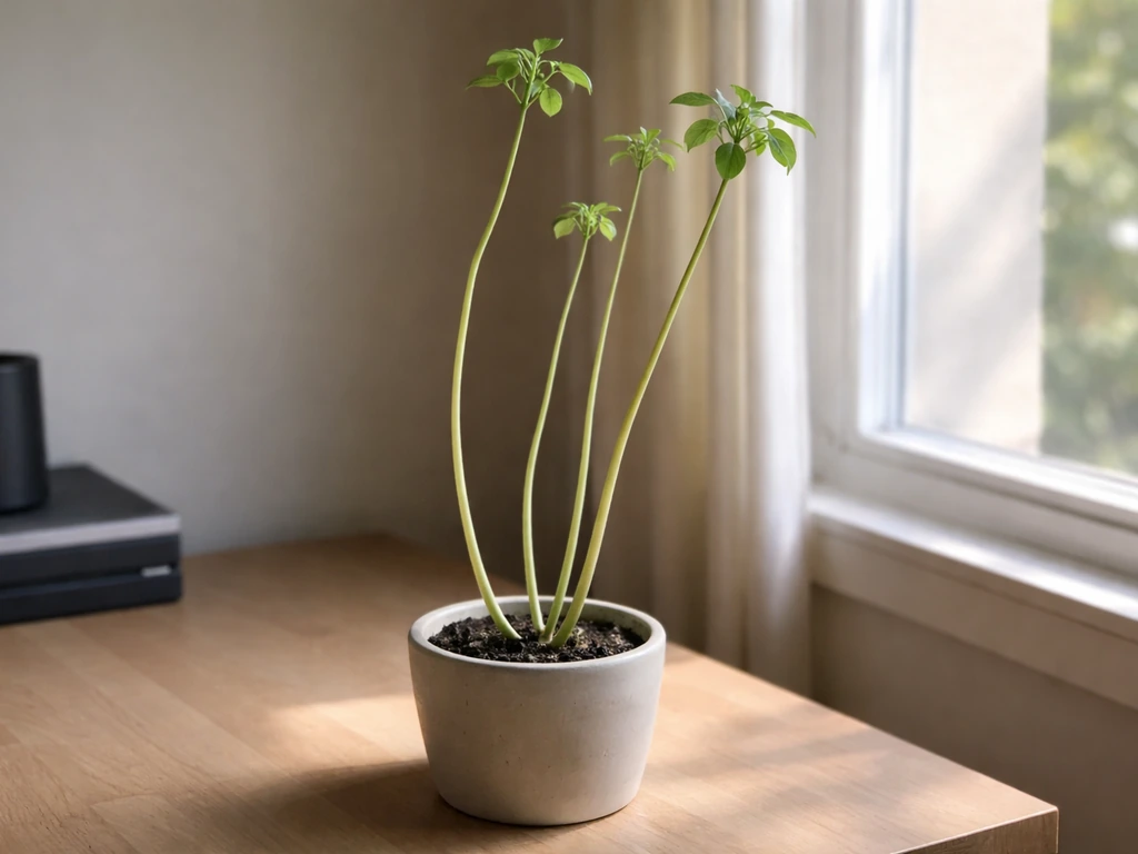 Leggy houseplant with long internodes and small top leaves reaching toward window light.