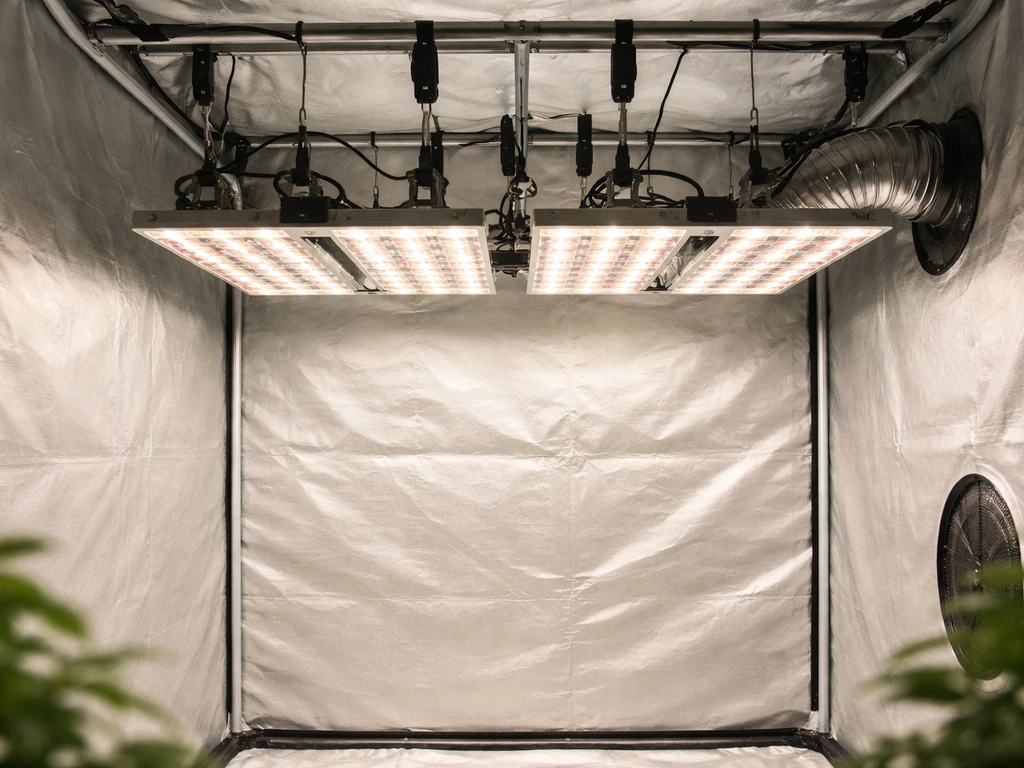 Indoor grow tent with overhead LED grow lights, hanging straps and cables, and clear canopy space.