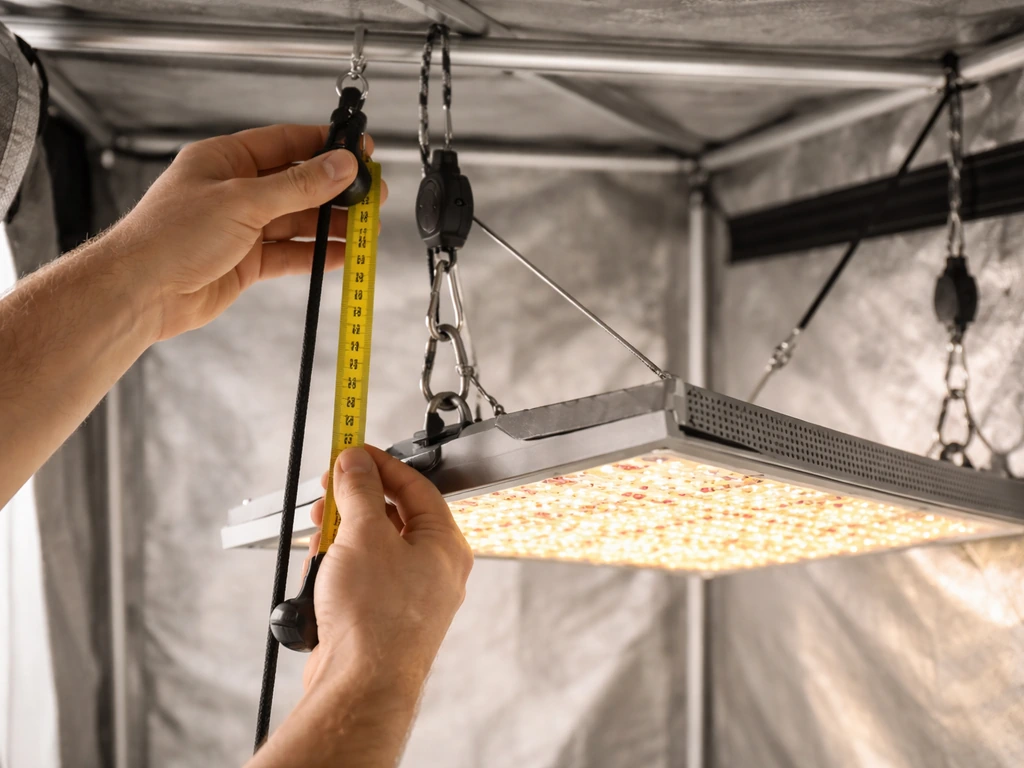 Hands adjust a hanging grow LED in an open tent using a measuring tape and ratchet.
