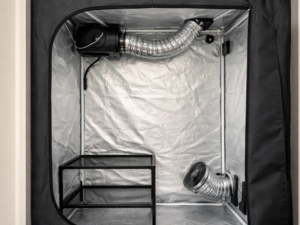 Grow tent ventilation setup with exhaust fan and ducting pulling warm air from the top, intake path visible.