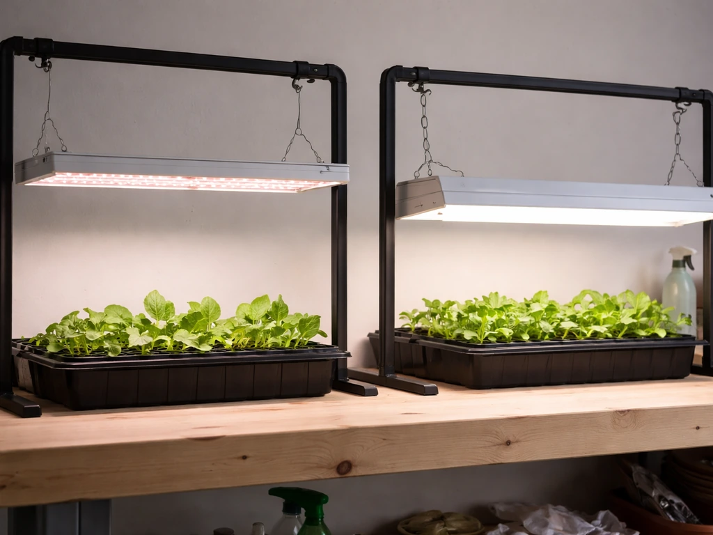 Side-by-side grow lights on a workbench: full-spectrum LED panel vs fluorescent T5 over seedlings.