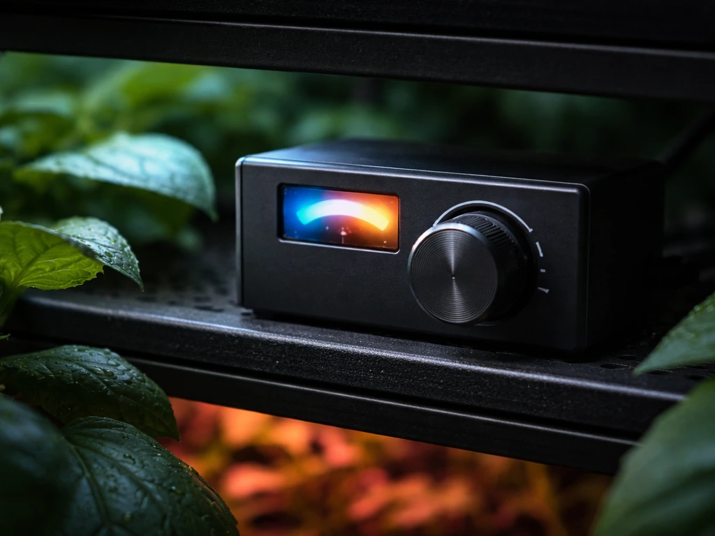 Close-up of a grow light controller with a dimmer knob, illuminating green leaves with blue-red light mix.
