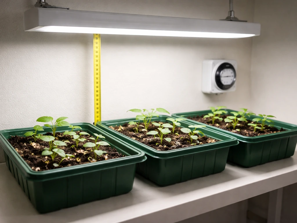 Seedling trays under a grow light with a tape measure showing distance and a visible power timer.