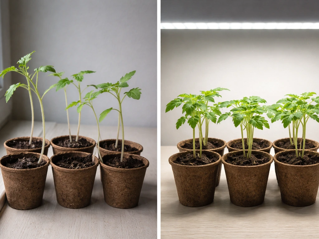 Side-by-side seedlings: left leggy and stretched under dim light, right compact under a grow light.