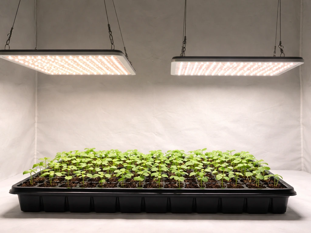 Two LED grow lights at different heights over seedlings, showing brighter light on the closer canopy.