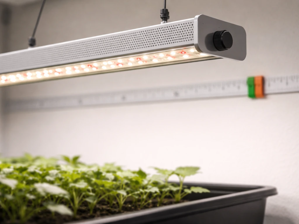 Close-up of an LED grow light dimmer with a simple distance reference above a grow tray.