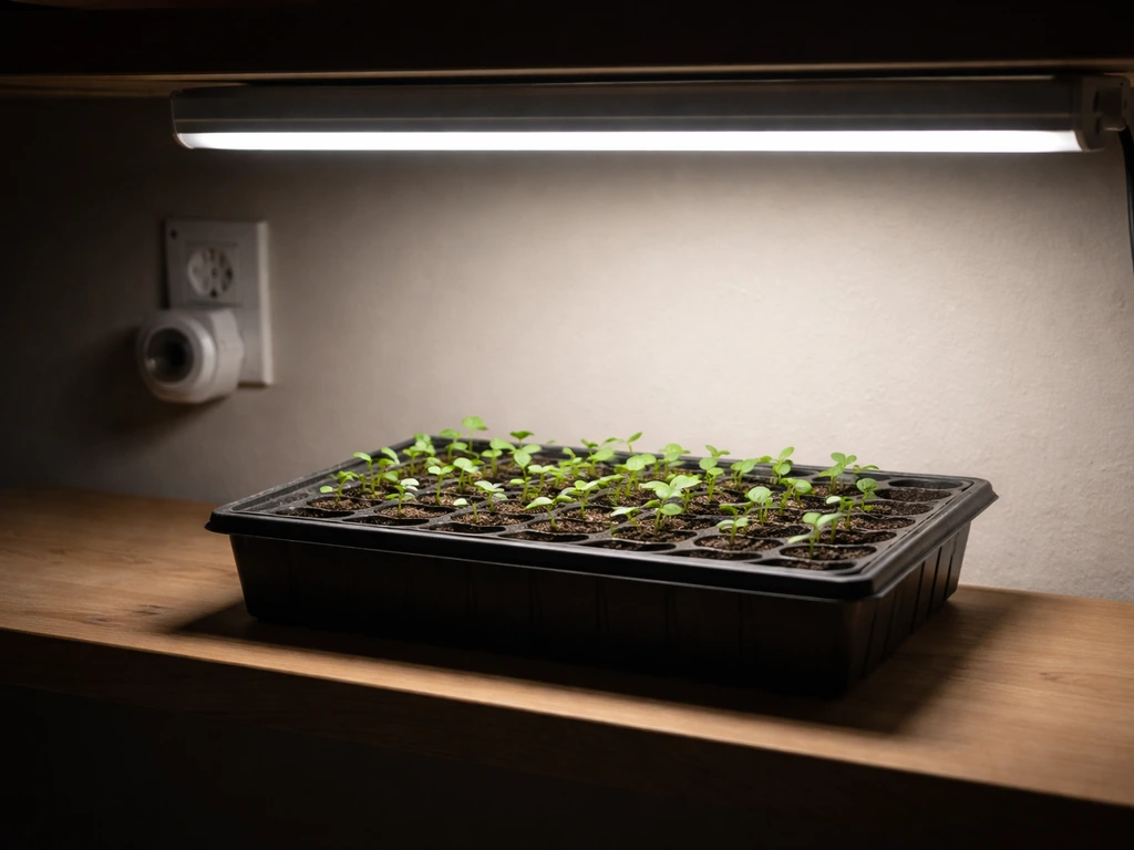 Seedlings under an LED grow light with a visible plug-in timer and darker ambient room behind.