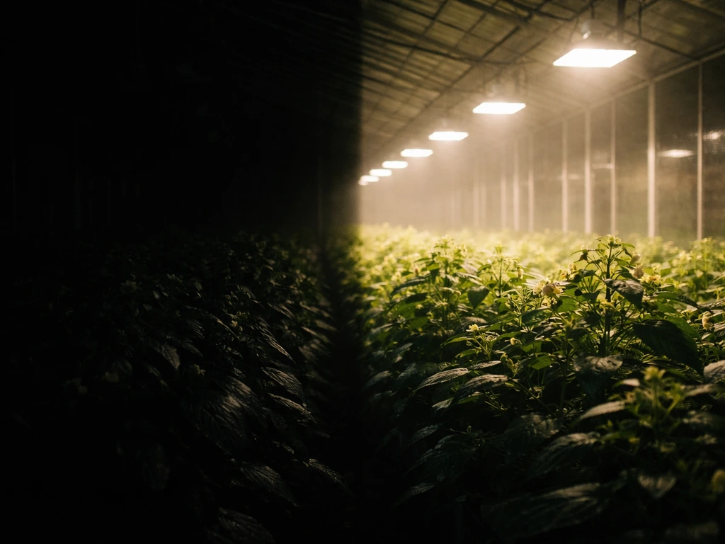 Minimal greenhouse scene showing a dark uninterrupted night versus lights-on illumination cycle