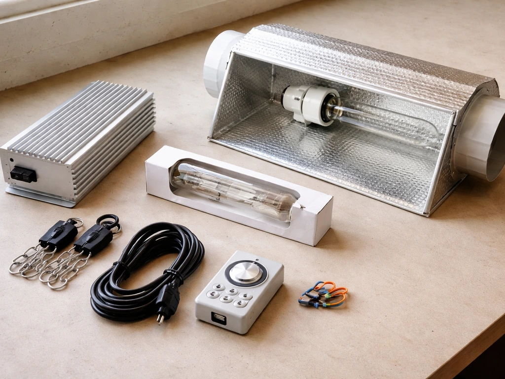 HPS grow light components laid out on a workbench: ballast, bulb, reflector/hood, hanging kit, wiring, timer.