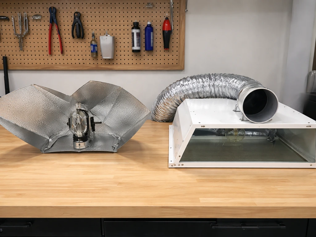 Side-by-side view of an open-wing reflector and a ducted air-cooled hood on a workbench.