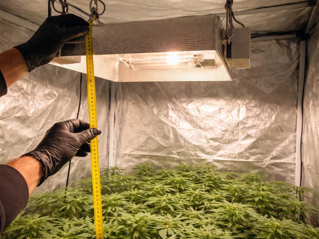 Gloved hands measuring hanging height above a grow canopy inside a simple grow tent.