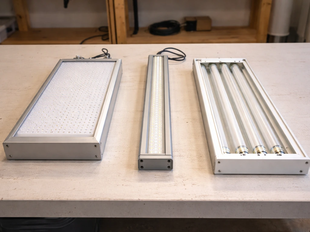 Three common grow lights—LED panel, LED bar, and T5 fluorescent—laid out side-by-side on a workbench.