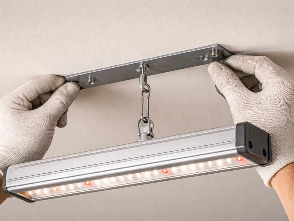 Hands securing an LED grow light to the ceiling with mounting brackets and hooks