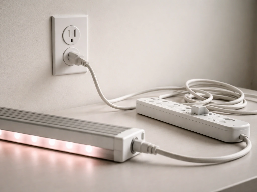 Three-prong grounded grow light plug connected to a wall outlet with a nearby grounded power strip.