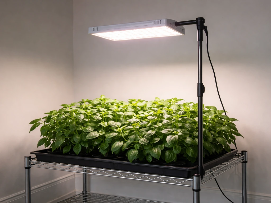 An LED grow light glowing above healthy indoor plants on a clean shelf, showing proper placement and setup.