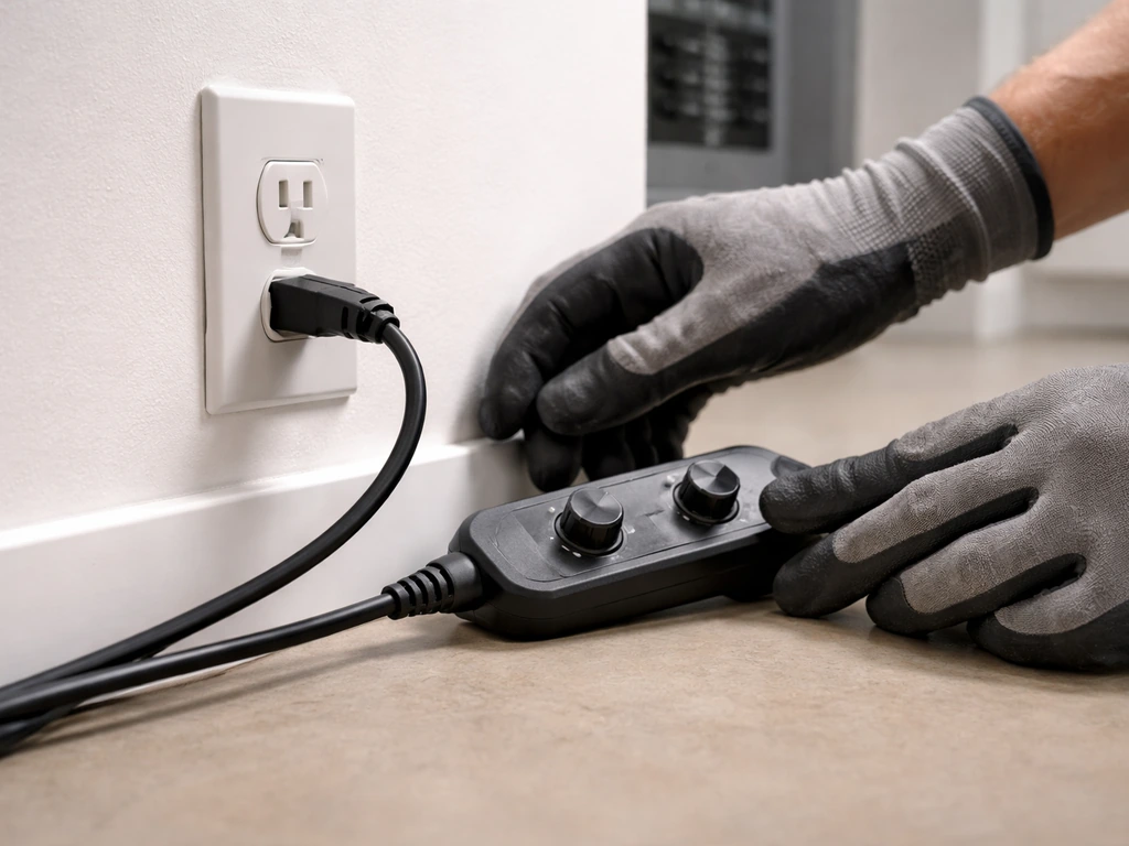 Gloved hands confirm a polarized grow light plug is fully seated beside an inline timer/dimmer controller.