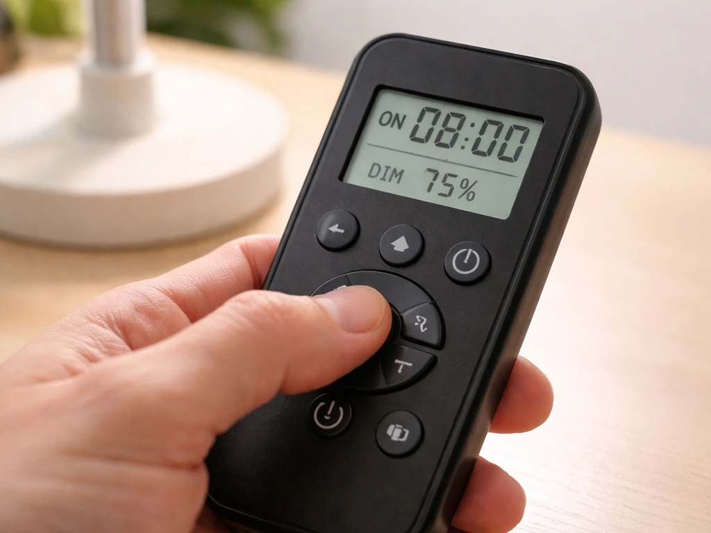 Closeup of a grow light remote being used to set a daily timer and dimming intensity.