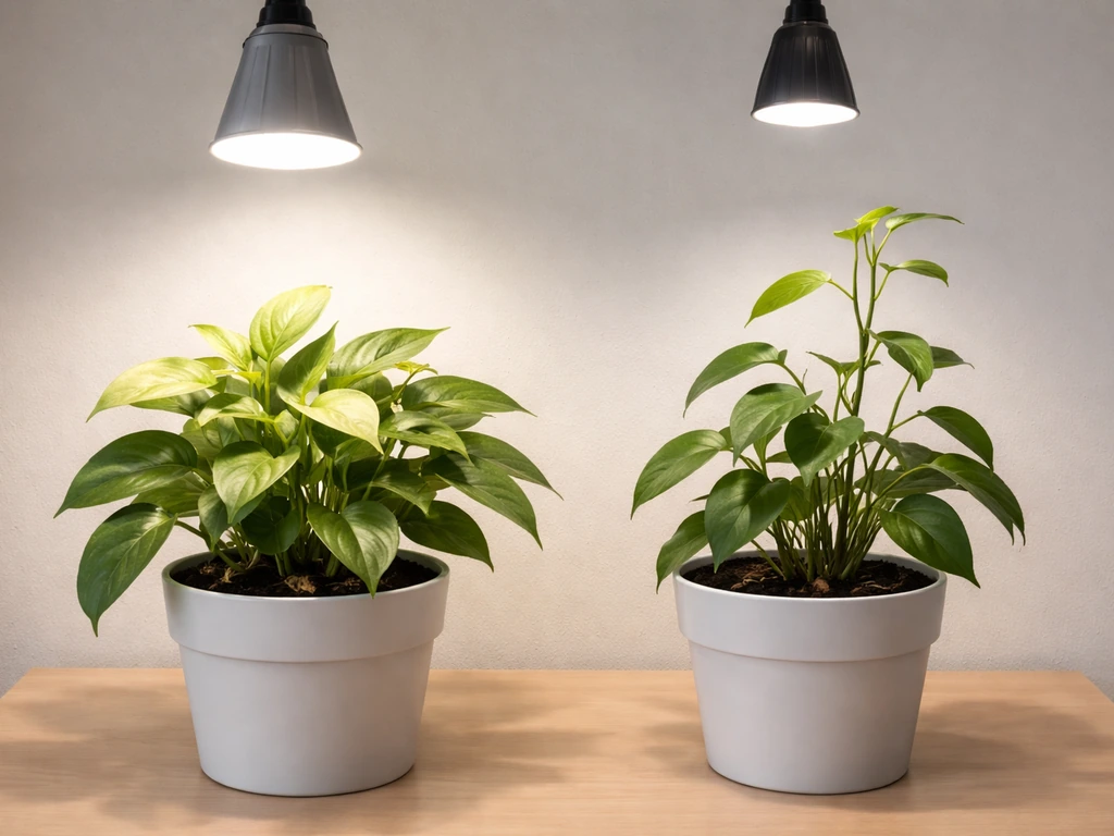 Two potted plants under grow lights: one with bleached yellowing leaves, one stretched and leaning.