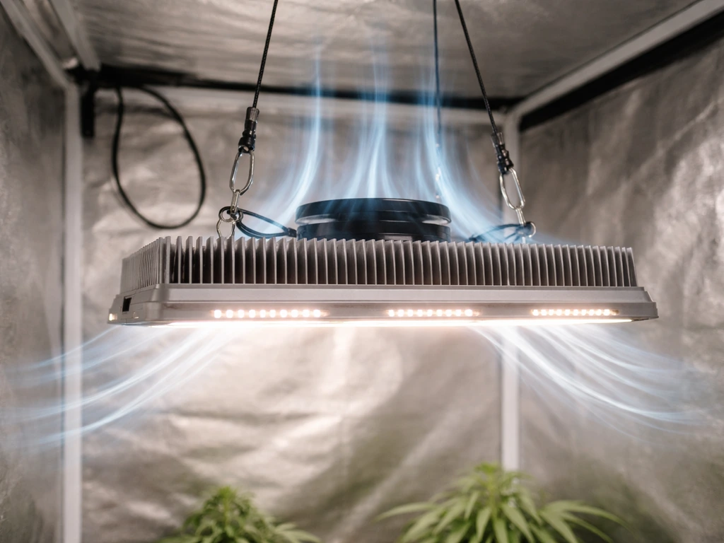 LED grow light with visible heat-sink fins and airflow in a simple indoor grow tent setup.