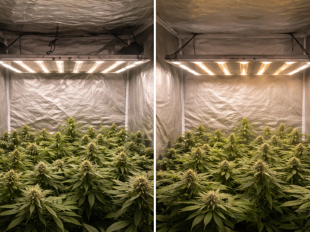 Split view inside a grow tent showing too-close vs correct clearance above a mounted light for airflow.