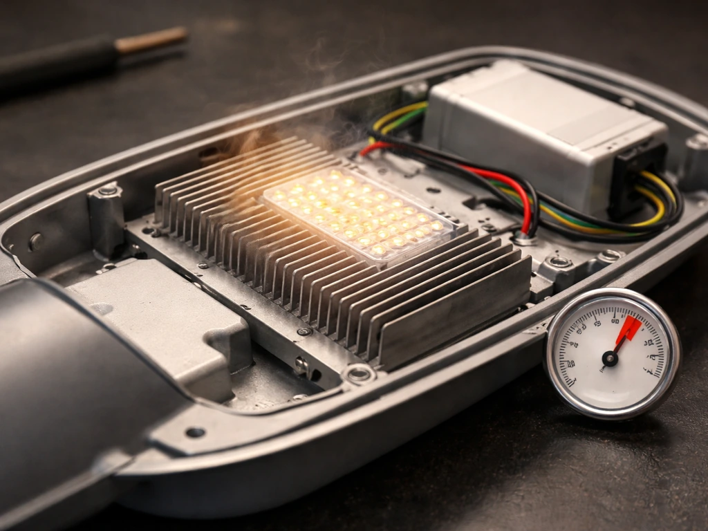 Close-up of LED driver and heatsink cooling fins with gentle heat shimmer, dim output troubleshooting vibe.