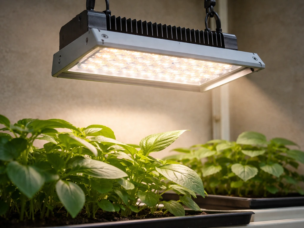 Close-up of an LED grow light over indoor plant canopies, showing practical setup and lighting.