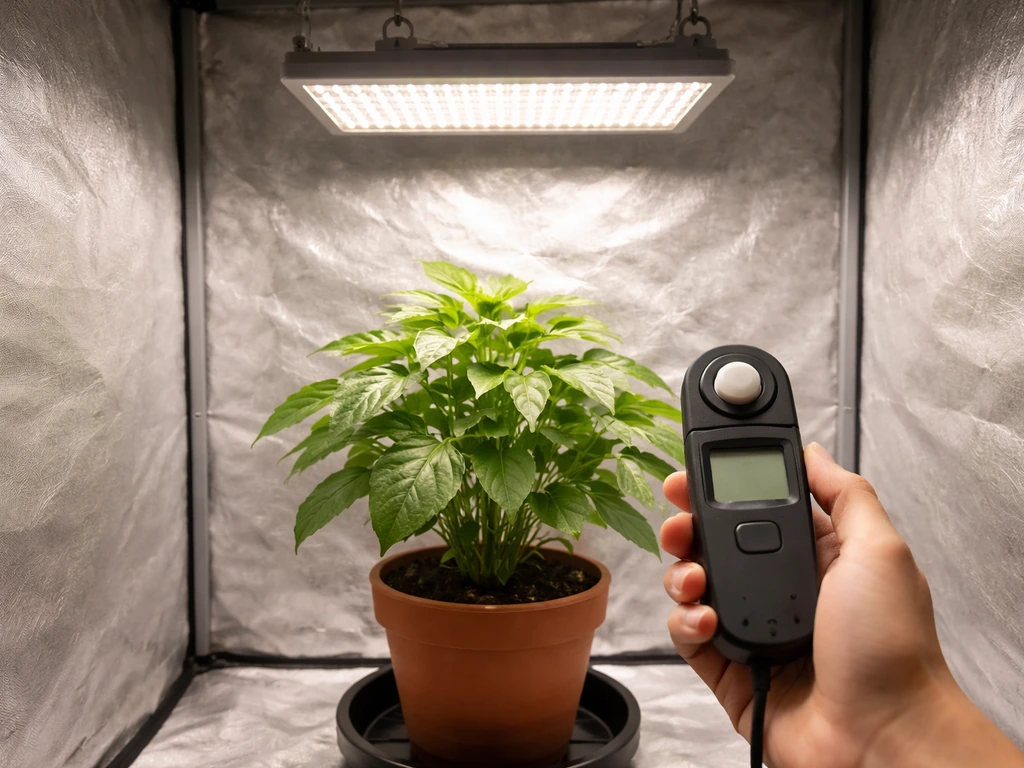 Handheld light meter checked under an LED grow light over a small potted plant