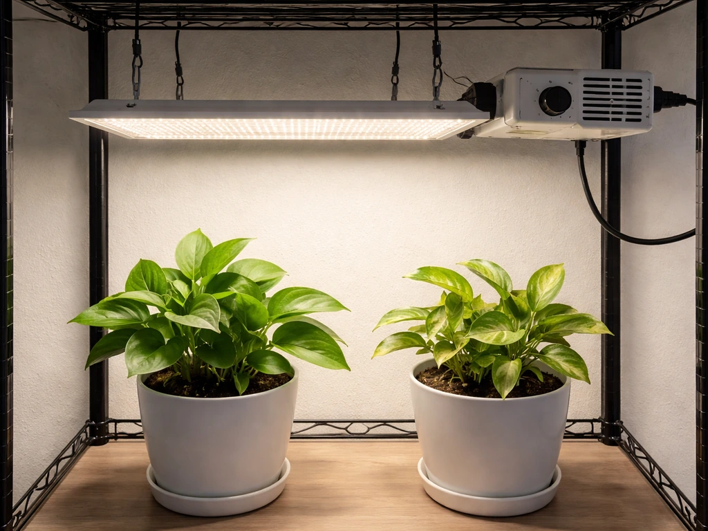 LED grow light with dimmer and two plants, one healthy and one showing mild leaf bleaching.