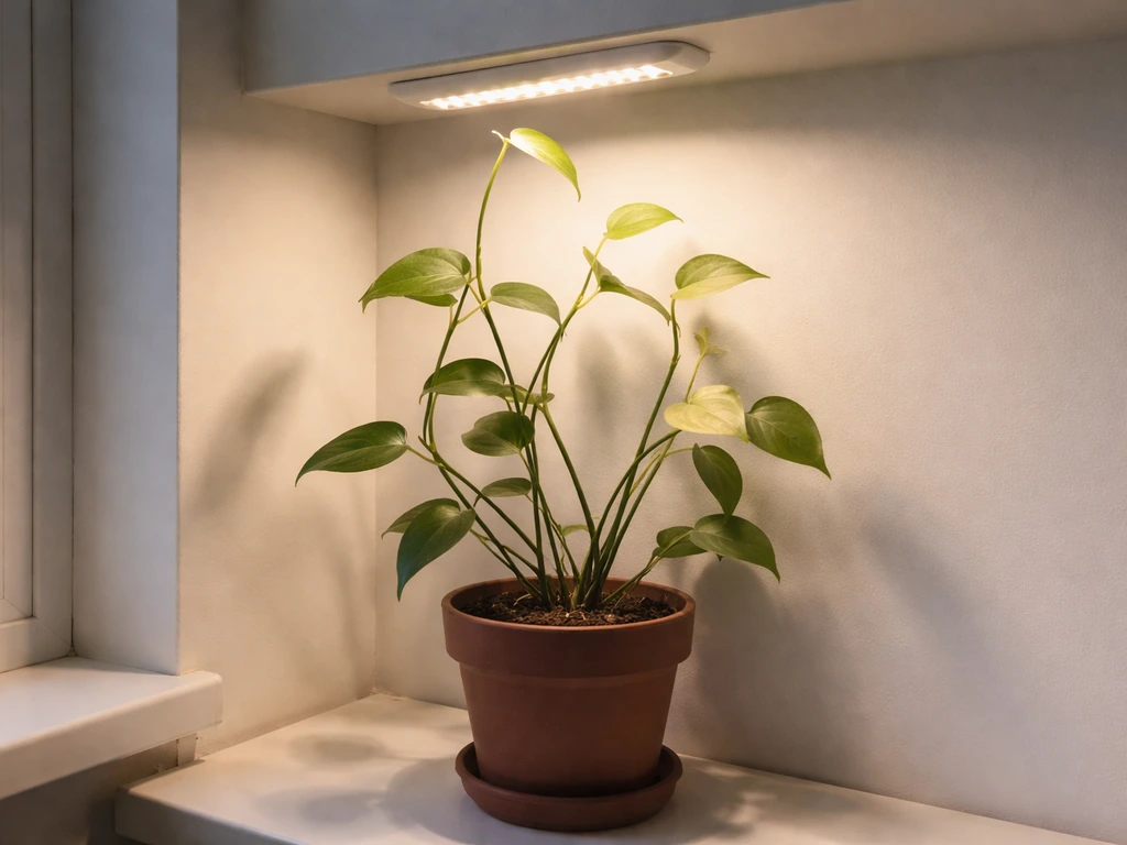 Minimal photo of a potted plant under an LED grow light with visible leggy growth and a warm, dimming ambiance.