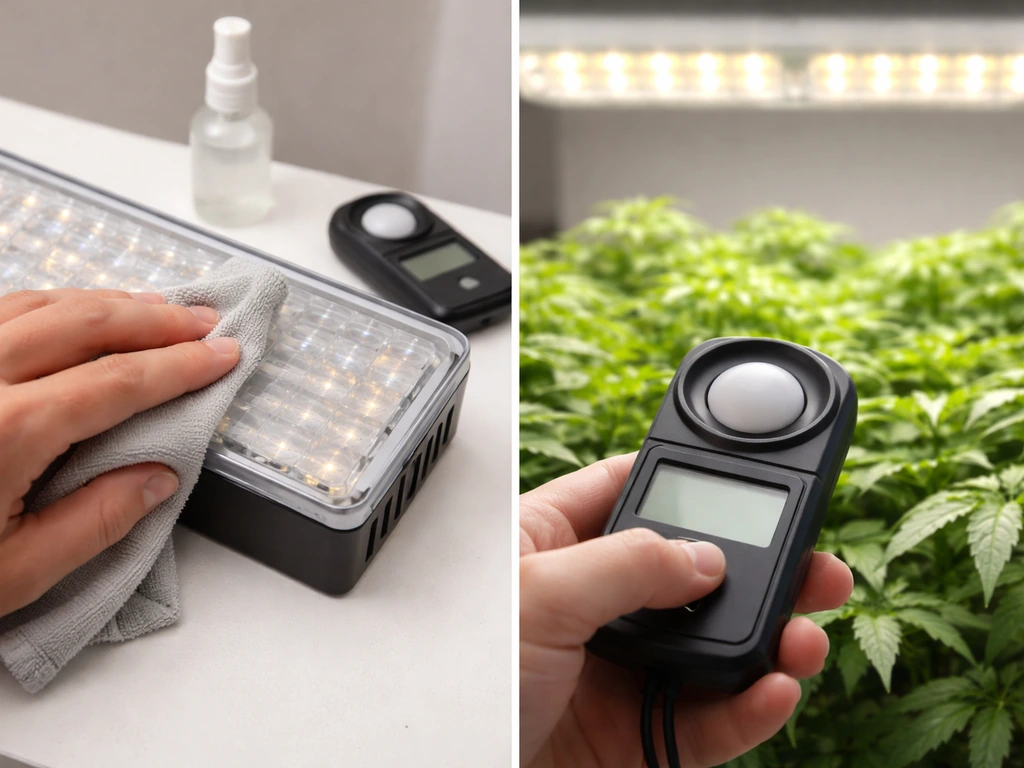 Hand wipes a dusty LED grow light diffuser while a light meter measures near a plant canopy.