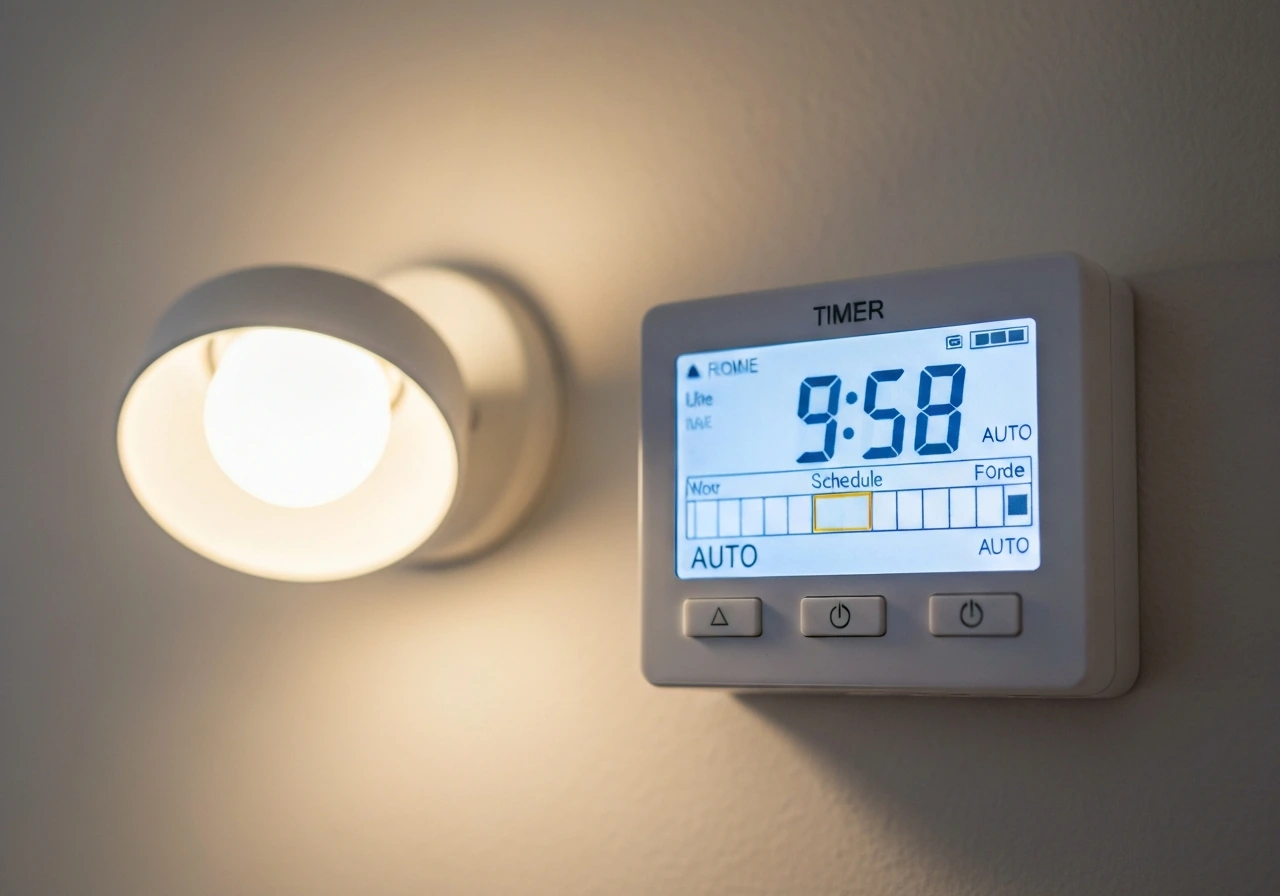Close-up of a wall light timer showing the current time with AUTO mode selected and schedule window highlighted.