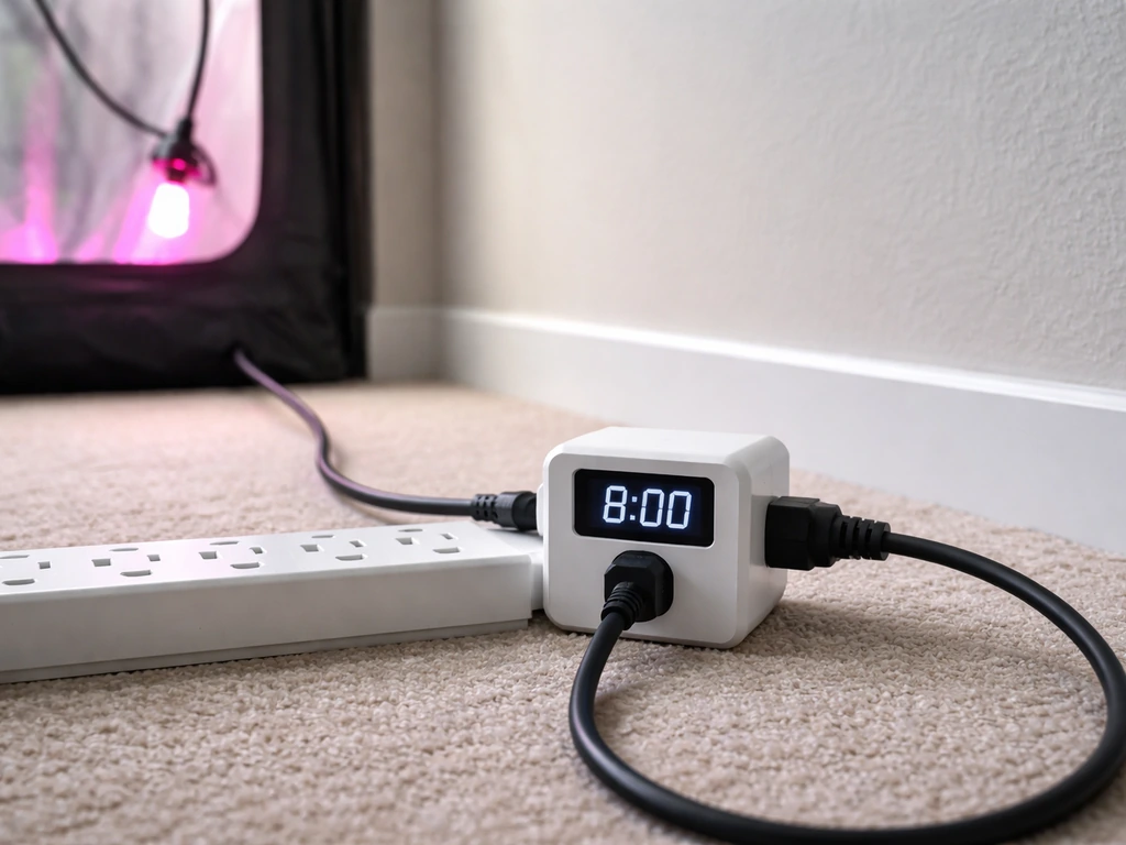 Anonymous smart plug with digital timer and grow light cord, updated hour shown after daylight saving time change.