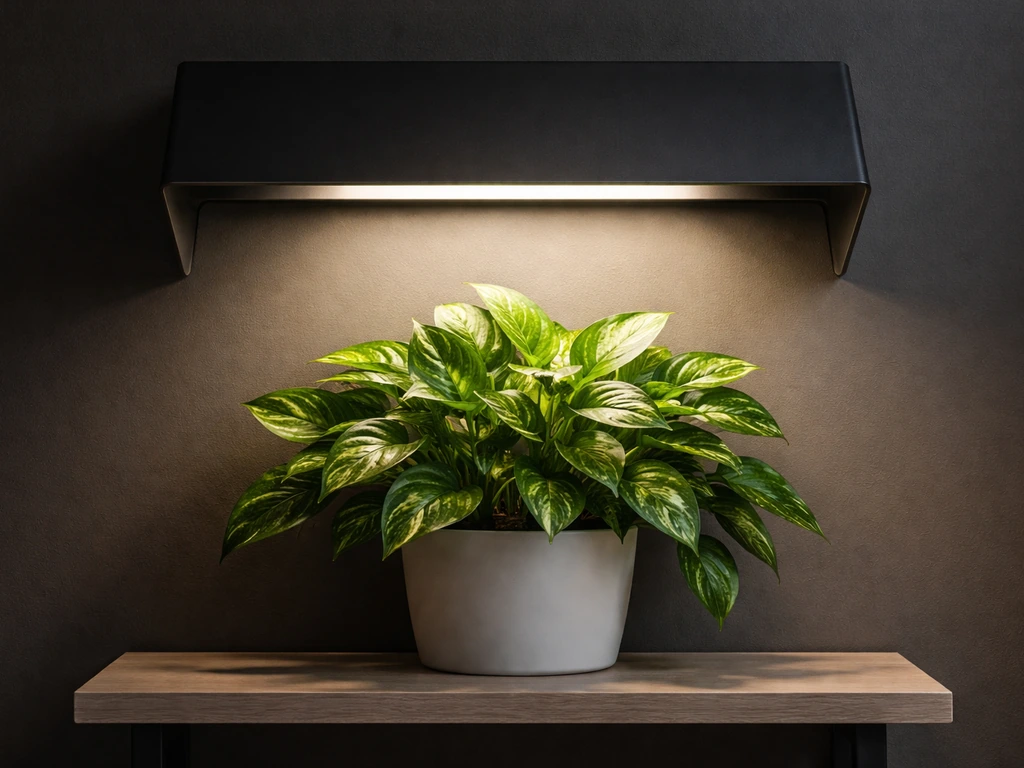 Indoor plant under a partially enclosed grow-light hood, light hidden from view with soft even illumination.