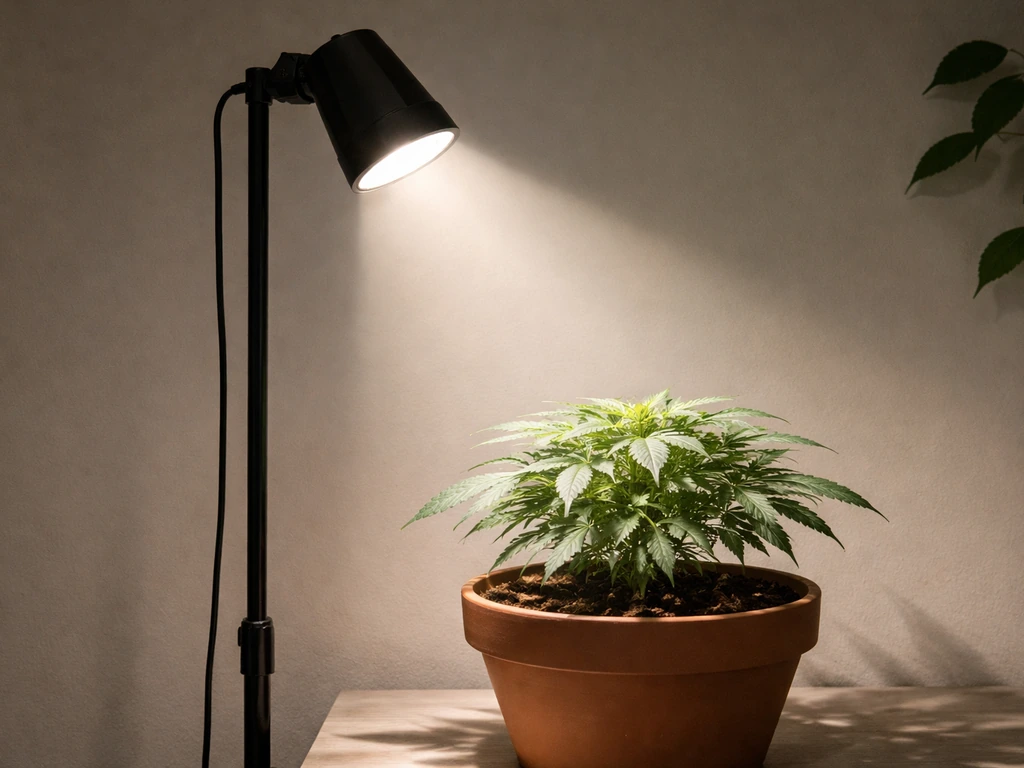 A tilted grow light aimed below eye level, reducing glare while keeping the plant canopy lit.