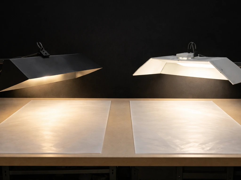 Side-by-side DIY baffle vs purpose-built grow light hood with controlled glare and directed light spill.