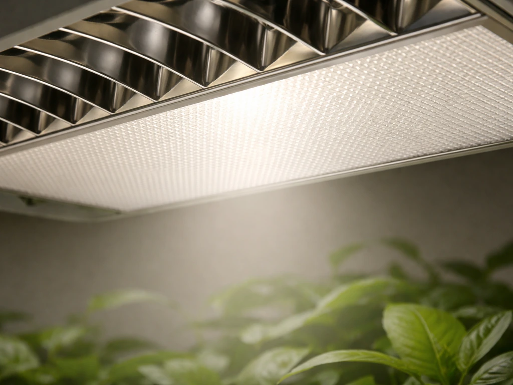 Close-up of a parabolic louver and translucent diffuser on a grow light, casting downward light onto leaves.