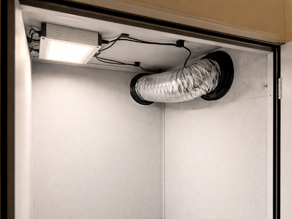 Grow tent cabinet interior showing ventilation pass-through and ducting near an overhead grow light.