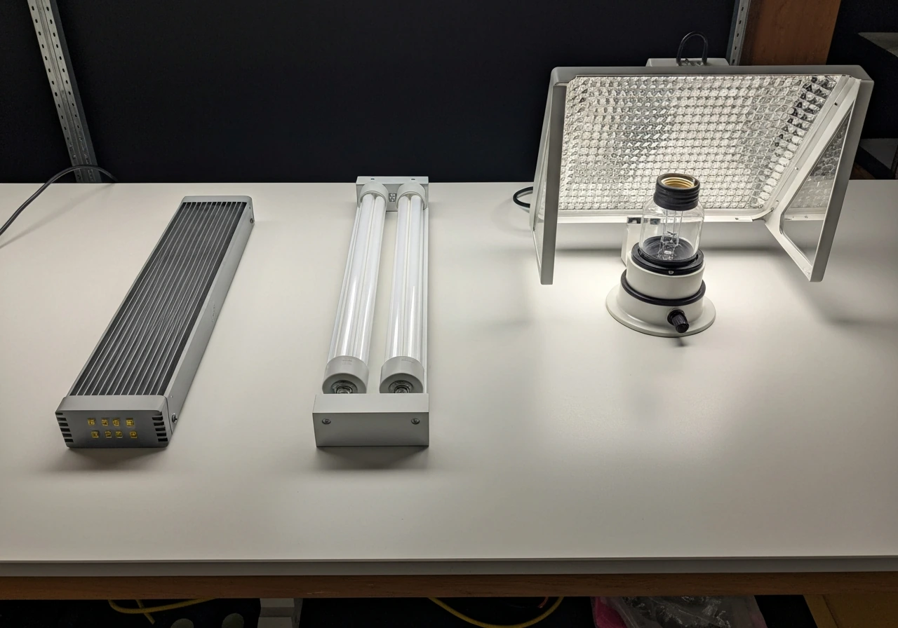 Three grow light setups side-by-side on a workbench: LED panel, fluorescent/T5 fixture, and HID lamp.
