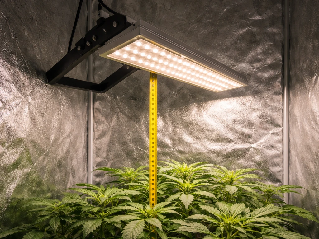 Close-up of a grow light hanging over plants with a tape measuring height and a reflective hood behind it.