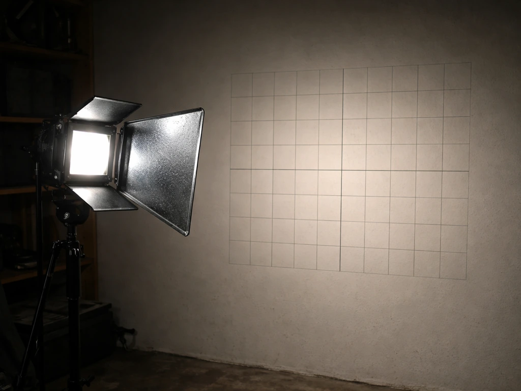 LED panel casting a wide beam onto a grid target with a reflector mounted nearby