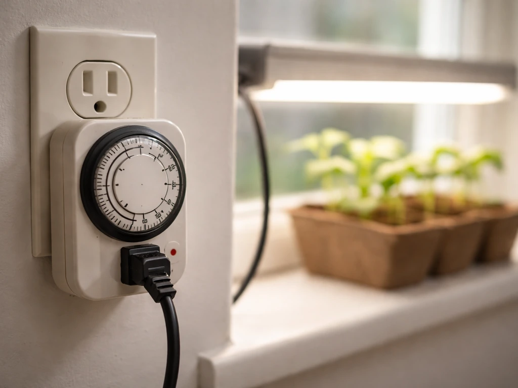 Mechanical outlet timer connected to a grow light over seedlings, softly lit natural daylight