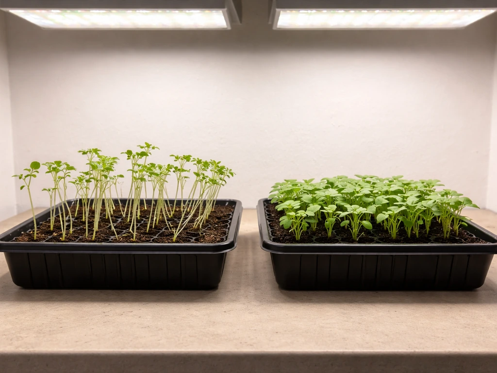 Two grow-light setup trays: leggy seedlings on the left and compact seedlings on the right under different brightness.