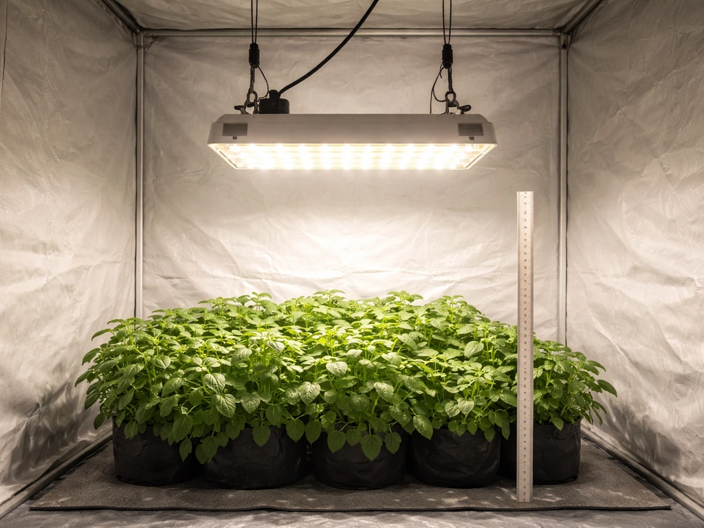 Indoor grow light hanging above leafy plants, showing height and the illuminated coverage area.