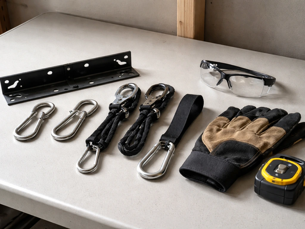 LED grow light hanging hardware and safety gear laid out on a workbench before installation.