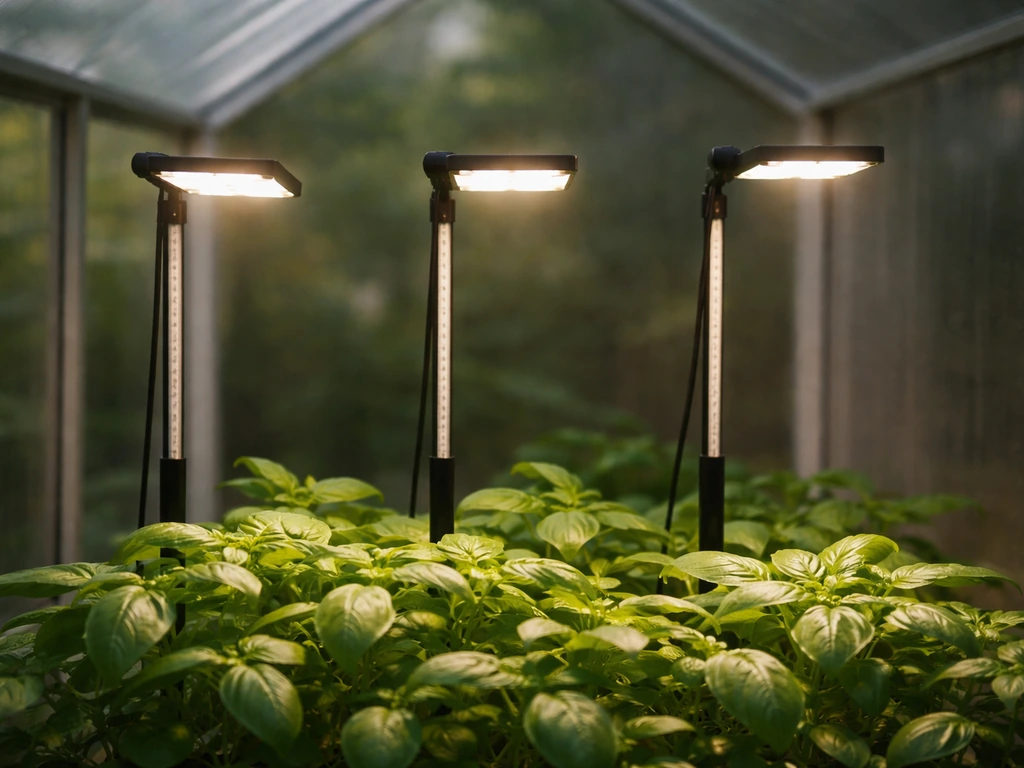 Close-up of greenhouse grow light heights above a plant canopy, showing three distance levels side-by-side.