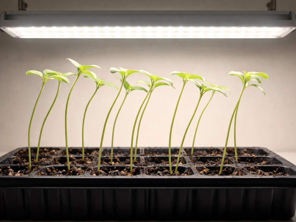 Tall spindly seedlings leaning toward a nearby grow light in a simple indoor setup