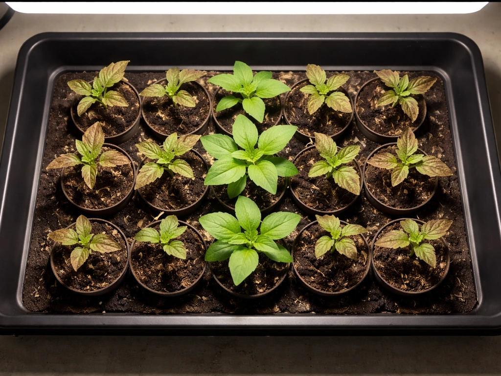Top-down view of a grow tray where center seedlings thrive and edge plants show crispy brown leaf tips.