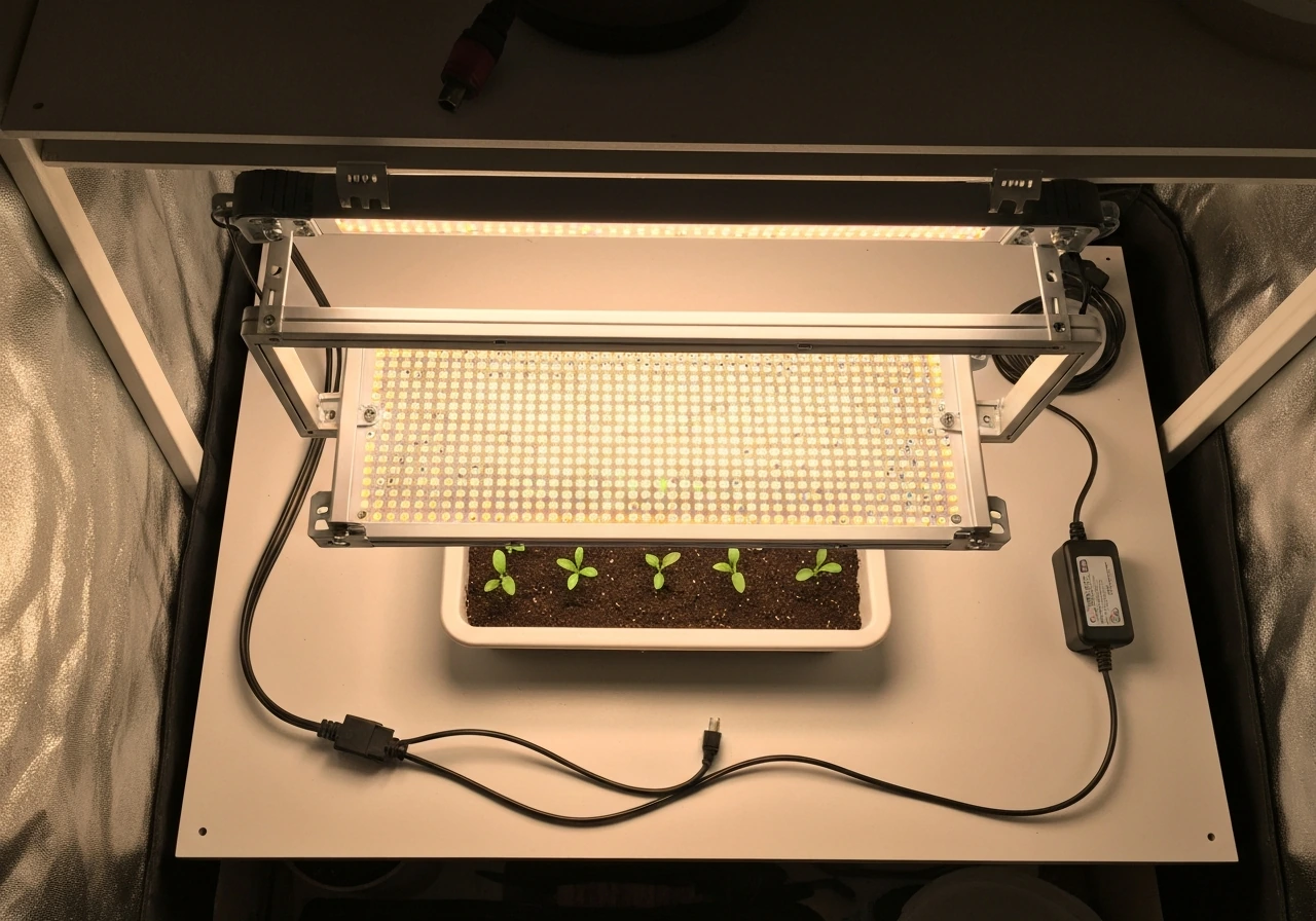 Top-down view of a mounted LED grow light over a small plant tray with routed cables and driver box.