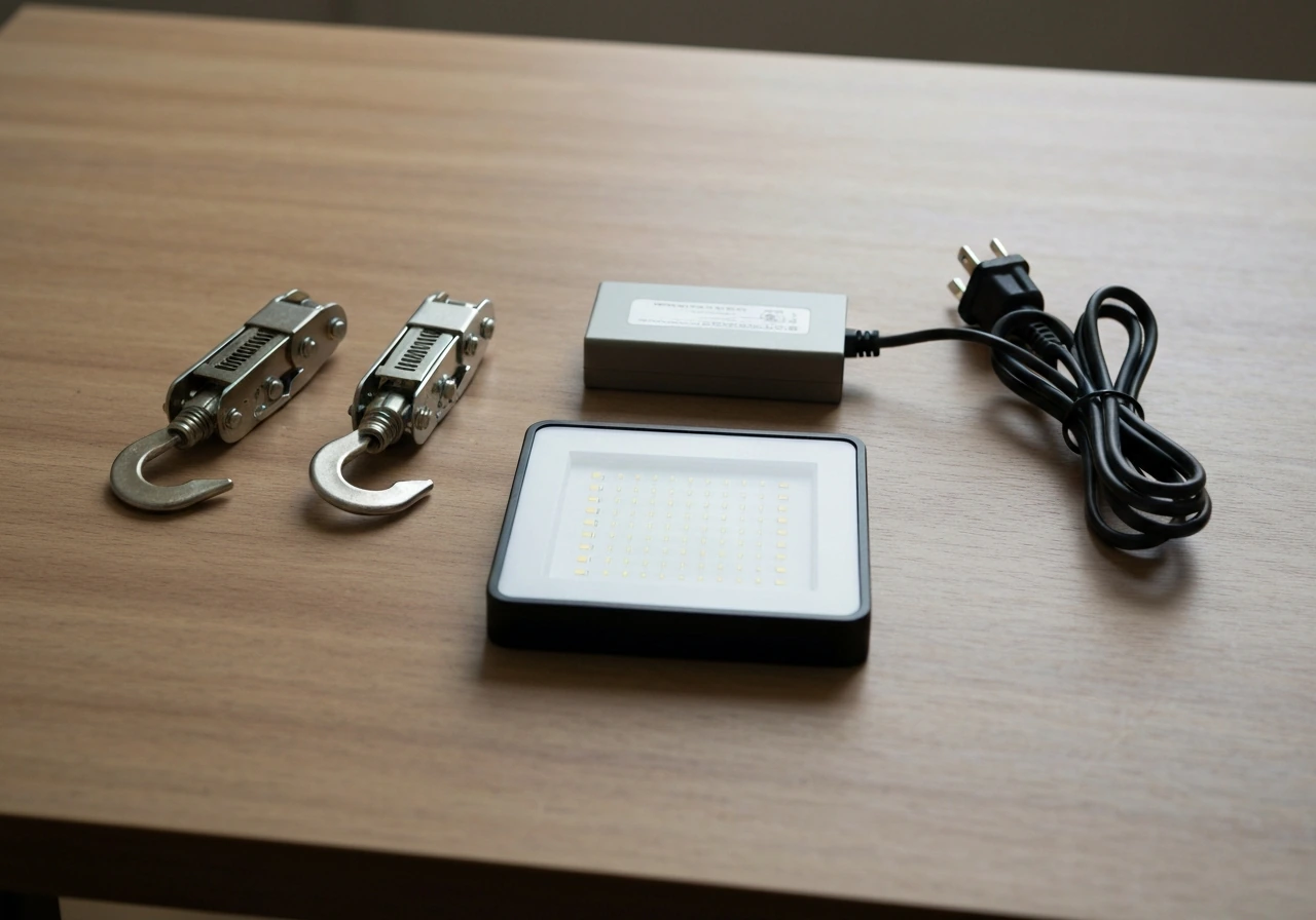 Neatly laid out LED panel kit on a table: LED panel, hanging hardware, power cord, and driver box.